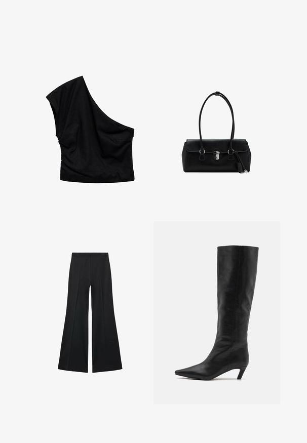 Black one-shoulder top made from soft fabric. Features an asymmetrical design with a slight drape and a zipper detail on the side.; Black wide-leg pants with a smooth texture, featuring front pleats and a tailored design. The fabric is lightweight and flowy.; RAID FLAURA - Boots - black; Black leather handbag with a smooth texture, structured design, dual handles, and a silver clasp detail at the center.