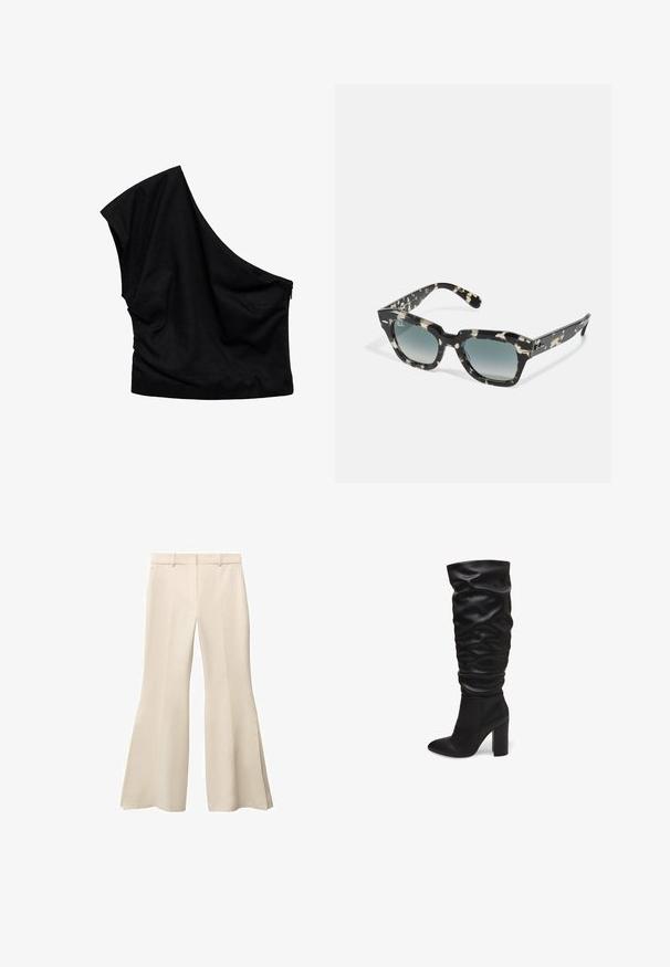 Black one-shoulder top made from soft fabric. Features an asymmetrical design with a slight drape and a zipper detail on the side.; Beige flared trousers with a smooth texture, featuring a flat front, belt loops, and deep side slits at the hem.; Black knee-high boots made of textured leather with a slouchy design and a pointed toe, featuring a chunky block heel.; Black and cream patterned sunglasses with a thick frame, square shape, and gradient tinted lenses. Ray-Ban logo on the side.