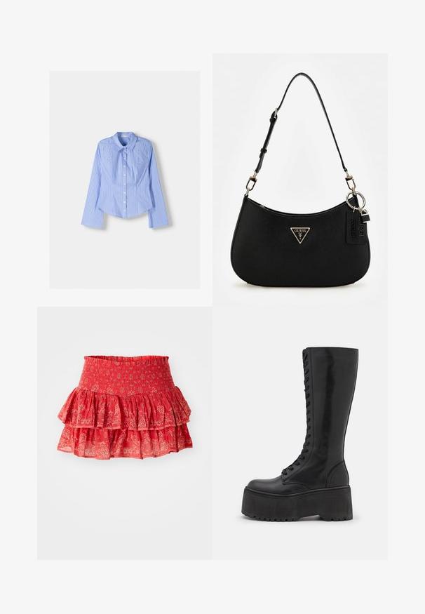 Kék és fehér csíkos, hosszú ujjú, gombos ing, széles gallérral, testre szabott szabású, ívelt szegéllyel. Textúrált pamutanyag.; Piros, réteges mini szoknya ráncolt derékkal és bézs virágmintával, három réteg fodorral a textúra érdekében.; Zign LEATHER - Fűzős csizmák - black; Fekete szintetikus válltáska ívelt sziluettel, texturált kivitelezéssel, arany háromszög logóval és levehető kiegészítőkkel.