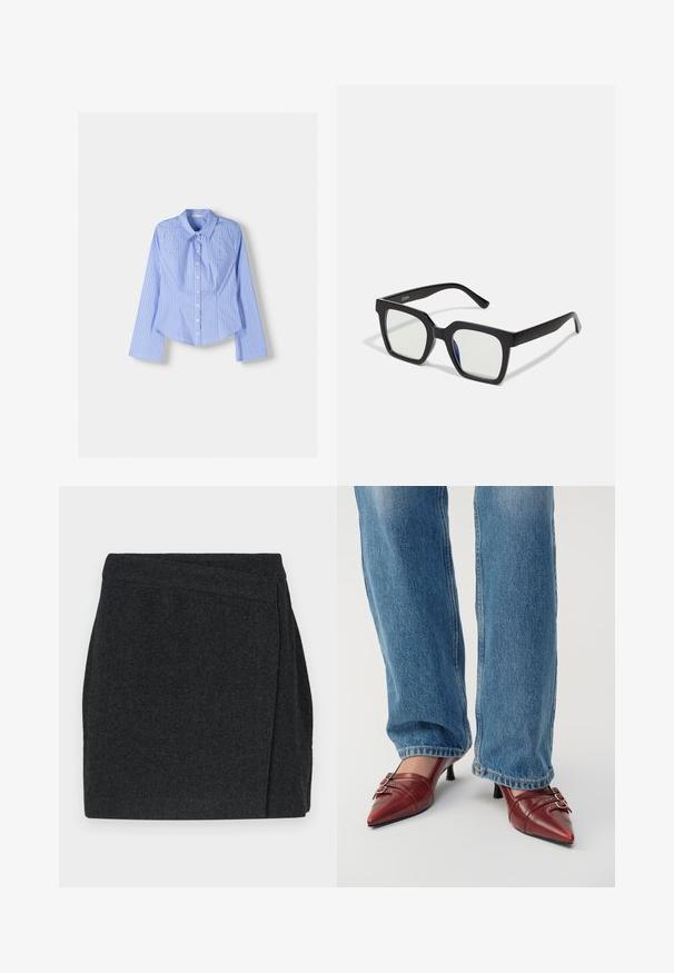 Cămașă cu dungi albastre și albe, cu mâneci lungi, guler deschis, croială ajustată și tiv curbat. Material din bumbac texturat.; Fustă cu model herringbone negru, cu un design înfășurat, având o finisare curată și un material texturat. Lungime până la mijlocul coapsei.; Pantofi punctați roșii din piele, cu toc mic, având cusături orizontale și două catarame argintii, purtați cu blugi albaștri.; Ochelari de soare negri cu un finisaj mat, având lentile transparente și o ușoară nuanță albastră pe o parte. Design robust și unghiular.; Geantă de umăr din piele sintetică roșie, cu clapetă pliată, accente metalice argintii pe curea și logo-ul imprimat "Desigual".