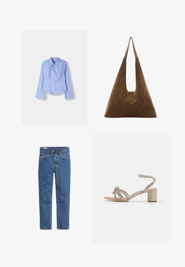 Blau-weiß gestreifte Langarmhemd mit Knopfverschluss, weit geschnittener Kragen, taillierter Passform und abgerundetem Saum. Texturiertes Baumwollmaterial.; Helle Jeans aus blauem Denim mit hoher Taille, Fünf-Knopf-Verschluss und geradem Bein. Der Stoff hat eine strukturierte, leicht ausgebleichte Optik.; Goldene Sandalen mit Blockabsatz, die über einen geknoteten Vorderriemen und mehrere dünne Riemen mit metallischen Akzenten verfügen.; Braune Wildleder-Totebag mit einem dreieckigen Design, langen Schulterriemen und einem großen offenen Oberteil mit einem Ausschnittgriff.