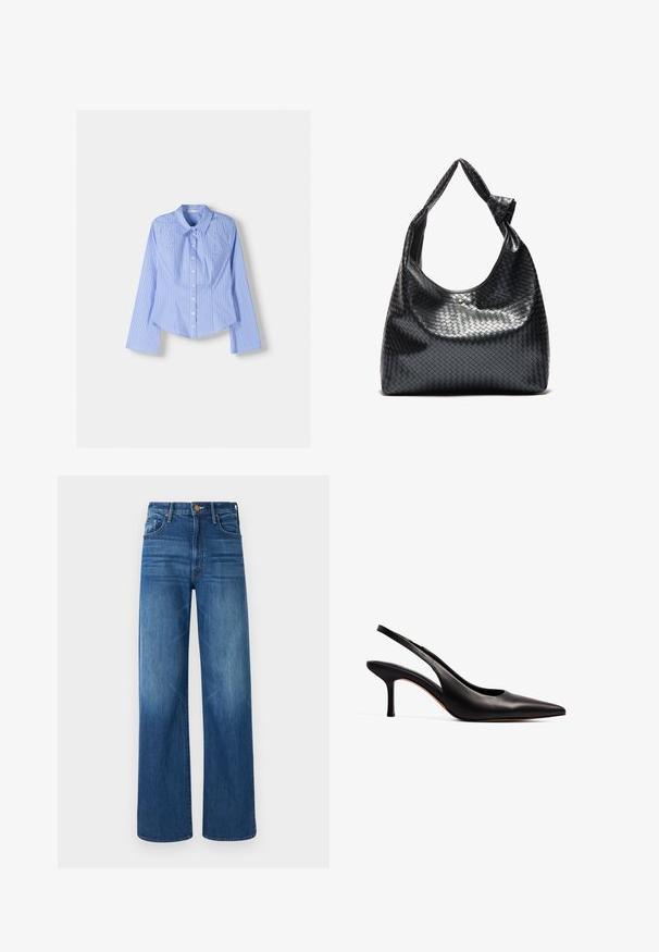 Siniraitaiset sinivalkoiset pitkähihaiset nappipaidat, joissa on levitetty kaulus, istuva mitoitus ja kaareva helma. Kankainen puuvillamateriaali.; Mother THE LASSO SNEAK - Relaxed fit -farkut - dark blue denim; NA-KD Avokkaat - black; Musta kudottu nahkabag, jossa on rento muotoilu, ja jossa on solmittu hihna sekä pieni koristeellinen kultatappi ylhäällä.