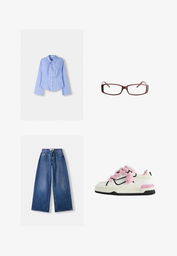 Blue and white striped long-sleeve button-up shirt with a spread collar, tailored fit, and curved hemline. Textured cotton material.; Bershka WIDE-LEG - Wide Leg - dark blue; White athletic shoe with pink fluffy laces, black outline, perforated mesh sections, and a chunky rubber sole with a pink accent.; Red rectangular eyeglasses with a sleek design. Clear lenses, slightly translucent temples, and a gradient effect from red to gray.; Black synthetic shoulder bag with a curved silhouette, textured finish, gold triangle logo, and detachable hardware accents.