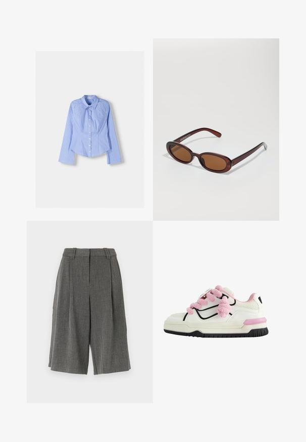 Modrá a biela pruhovaná košeľa s dlhým rukávom, zapínaním na gombíky, s rozšíreným golierom, prispôsobeným strihom a zakriveným lemom. Textúrovaný bavlnený materiál.; Vero Moda VMLOVELY BERMUDA - Šortky - medium grey melange; Biela športová topánka s ružovými chlpovitými šnúrkami, čiernym orámovaním, perforovanými sieťovanými časťami a masívnou gumovou podrážkou s ružovým akcentom.; Okrúhle slnečné okuliare s hnedým nádychom a lesklým burgundským rámom. Úzke ramená s jemným brandovaním. Plochej šošovky dizajn.