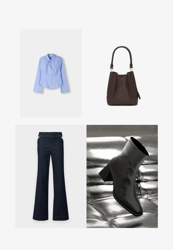 Modra in bela prugasta srajca z dolgimi rokavi in gumbom, s širšim ovratnikom, prilagojenim krojem in ukrivljenim robom. Teksturni bombažni material.; Temno modri traper hlače s širokimi nogami in visokim pasom, z bočnimi žepi ter kovinskimi gumbnimi naglasi na pasu.; Črne gležnjarje iz sijočega materiala s kvadratnim prstom in zoženim peto, postavljene na sijoče srebrno oblazinjeno ozadje.; Carlheim ADALINE - Torbica - brown; Srebrne uhančke v obliki obroča z gladko, sijočo površino, ukrivljene oblike in zapiranjem na zatič. Minimalistična zasnova z modernim zaključkom.