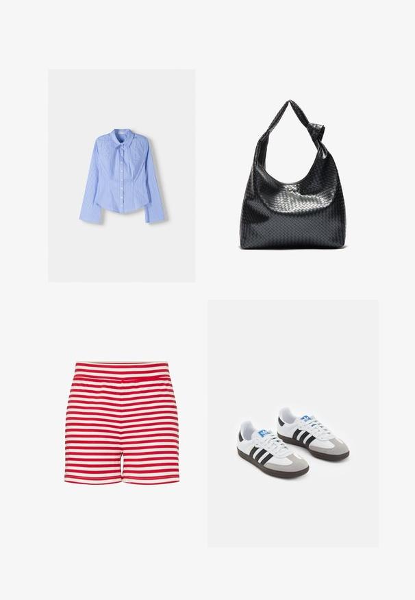 Blå och vit randig långärmad skjorta med knäppning, spridd krage, skräddarsydd passform och rundad fåll. Texturerat bomullsmaterial.; Röda och vita randiga shorts, mjukt bomullsmaterial, elastisk midja, avslappnad design, midjehöjd, enhetliga ränder.; Sportskor med överdel i vit läder, grå mocka på tårna och tre svarta ränder. Har en blå logotyp på tungan och en texturerad gummisula.; Svart vävd läderhandväska med en avslappnad design, som har en knuten rem och en liten dekorativ guldfärgad nitar högst upp.
