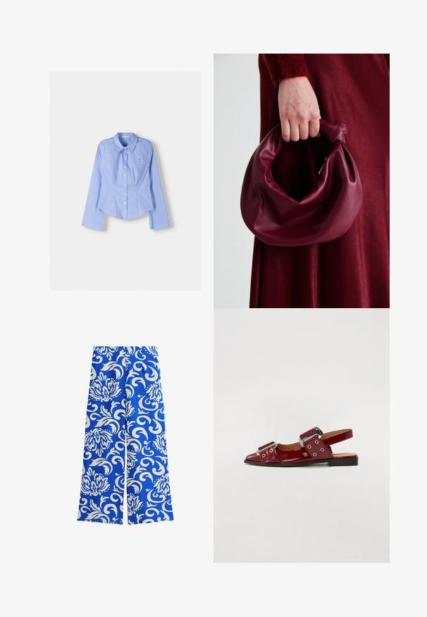 Blauw en witte gestreepte langlopende overhemstel met een spreadkraag, getailleerde pasvorm en afgeronde zoom. Gestructureerd katoenen materiaal.; Blauwe wijde broek met een bloem- en swirls witte print, gemaakt van lichtgewicht stof met een gladde textuur en een losse pasvorm.; Bordeaux glanzend leren slingback-schoenen met een spitse neus, voorzien van twee verstelbare gespsluitingen en accenten van zilverhardware.; Bordeaux leren handtas met een zacht, gegathered ontwerp en een ronde vorm. De handgreep is stevig bevestigd en toont een gladde textuur.