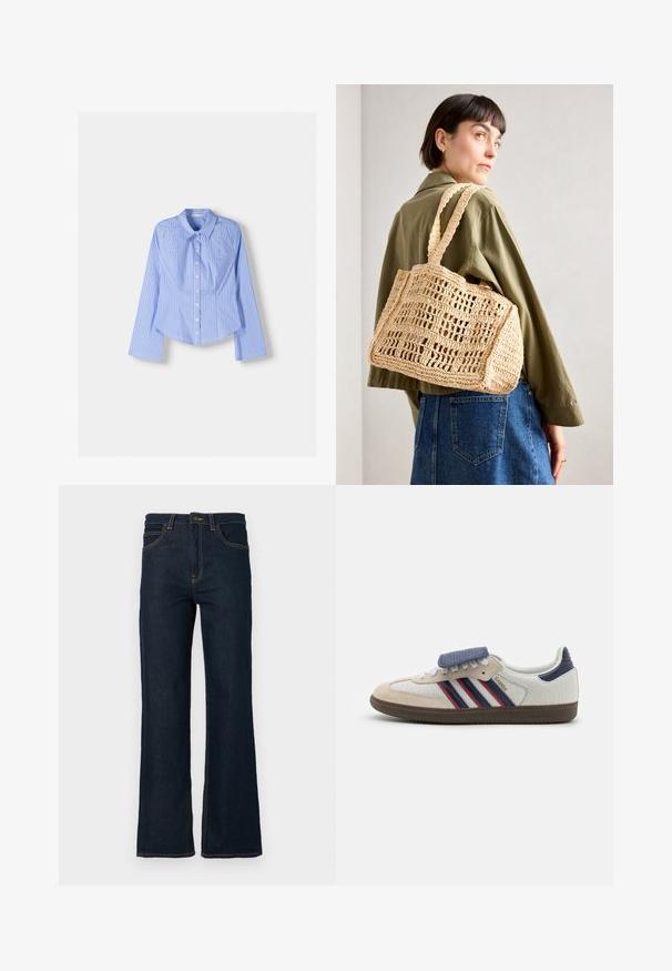 Cămașă cu dungi albastre și albe, cu mâneci lungi, guler deschis, croială ajustată și tiv curbat. Material din bumbac texturat.; Jeans din denim drept de culoare albastru închis, cu buzunare frontale, curea și un sistem de închidere cu nasture la talie, pe un fundal alb.; Sneaker alb din plasă cu accente din suede bej, dungi bleumarin și roșii, o curea albastră și o talpă din cauciuc texturat de culoare maro. Sireturi plate și guler căptușit.; Geantă de croșetat țesută de culoare crem, de formă rectangulară, cu două mânere late și un model deschis în grilaj. Designul are un material texturat și un interior spațios.