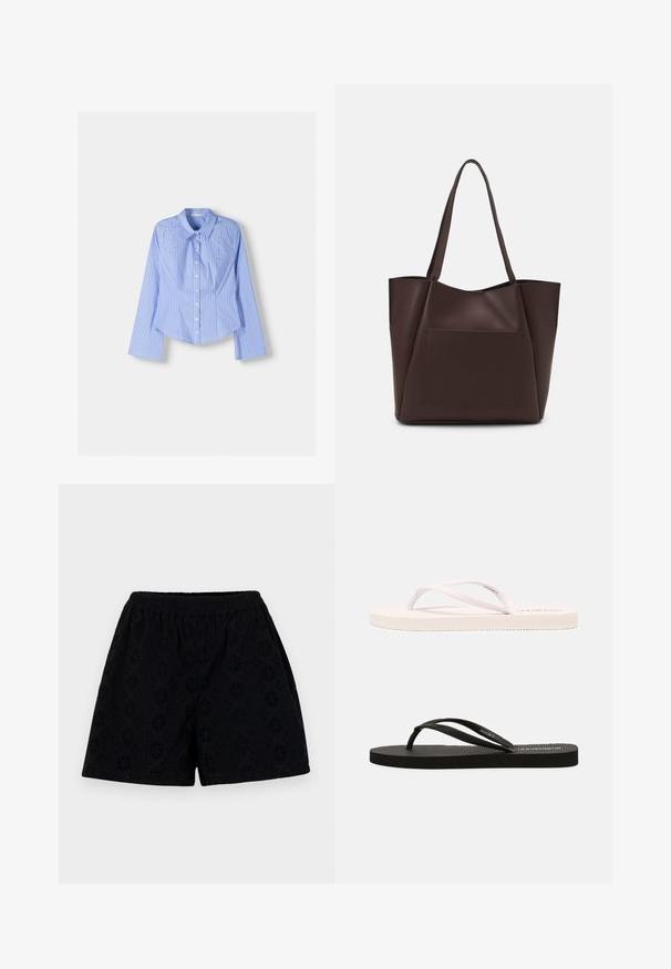 Blue and white striped long-sleeve button-up shirt with a spread collar, tailored fit, and curved hemline. Textured cotton material.; Black cotton shorts with an elastic waistband, featuring a floral eyelet pattern and loose fit, texture appears soft and lightweight.; White and black rubber flip-flops with textured footbeds, thin straps, and contrasting colors. Each pair has a simple design and minimal branding.; Brown tote bag made from smooth material, featuring a large front pocket, two handles, and a simplified, structured design.