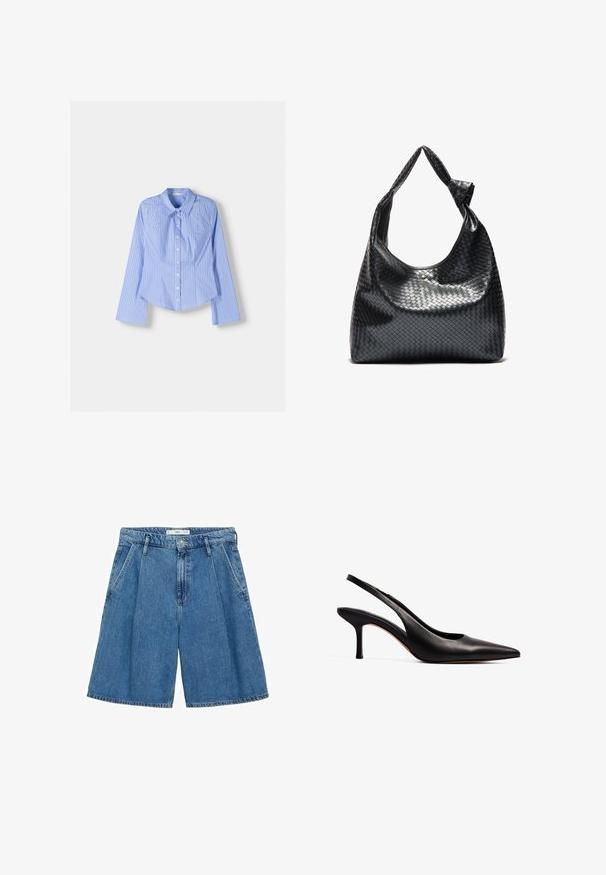 Camicia a maniche lunghe con bottoni a righe blu e bianche, colletto all'inglese, vestibilità aderente e orlo curvato. Materiale in cotone strutturato.; Shorts in denim blu con vita alta, gamba larga e frontale plissettato. Presentano una chiusura frontale con bottone e due tasche laterali. Texture liscia.; NA-KD Decolleté - black; Borsa a mano in pelle intrecciata nera con un design morbido, dotata di una tracolla annodata e di un piccolo chiodo decorativo in oro nella parte superiore.