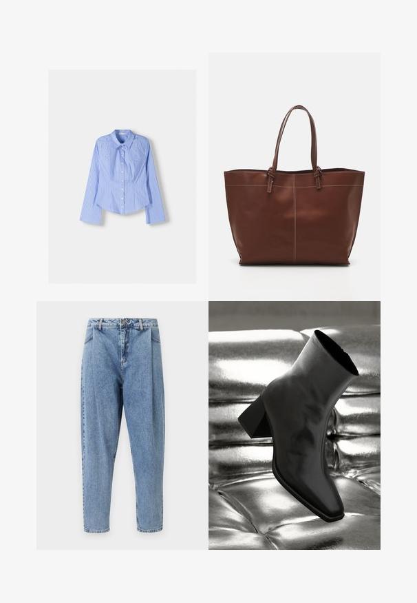 Modrá a bílá pruhovaná košile s dlouhými rukávy, knoflíkovým zapínáním a rozšířeným límcem. Přizpůsobený střih a zakulacený lem. Texturovaný bavlněný materiál.; Světle modré džínové kalhoty se zvýšeným pasem, sklady vpředu, úzkými nohavicemi a klasickým designem s pěti kapsami a viditelným švem.; Černá kotníková bota vyrobená z lesklého materiálu se čtveratou špičkou a zúženým podpatkem, umístěná na lesklém stříbrném prošívaném pozadí.; Hnědá kožená taška přes rameno s dvojitými uchy, s kontrastním prošíváním a prostorným designem, vhodná pro každodenní použití.