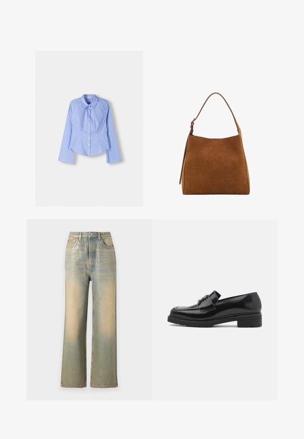 Siniraitaiset sinivalkoiset pitkähihaiset nappipaidat, joissa on levitetty kaulus, istuva mitoitus ja kaareva helma. Kankainen puuvillamateriaali.; Laivasilmukka farkut vaaleansinisessä ja kermanvärisessä pesussa, joissa on klassinen viiden taskun malli ja minimaaliset ompeluyksityiskohdat.; Mustat kiillotetut nahka loaferit matalalla lohkarekorolla, ommeltu varvas ja metallinen solki yläosassa, esitetty sivuprofiilissa valkoisella taustalla.; Ruskea mokkasiininen olkalaukku kaarevalla ylhäällä, yhdellä hihnalla ja sileällä pinnalla. Ominaisuuksiin kuuluu minimalistinen muotoilu ja puhtaat linjat.