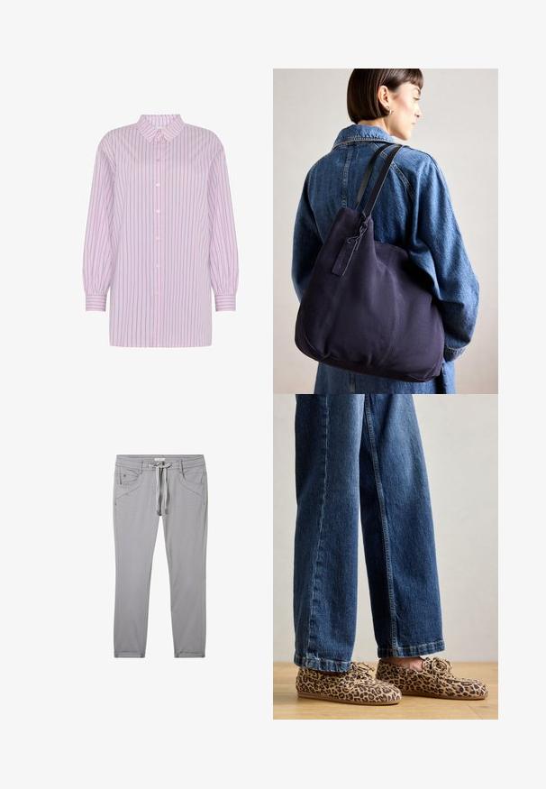 Moves NELLA - Blúzka so zapínaním na gombíky - mauve mist; Šedé nohavice vyrobené z mäkkého materiálu, s pásom na sťahovanie, štyrmi vreckami a slim fit strihom s jemnými švovými detailmi.; Loaferi s leopardím vzorom vyrobené z nubuku, s okrúhlou špičkou, šnurovaním a plochými, flexibilnými podrážkami, skombinované s modrými džínami.; Námorná plátenná taška na rameno s mäkkým, štruktúrovaným tvarom, vybavená čiernym popruhom, prešívaním a malou značkovou visačkou.