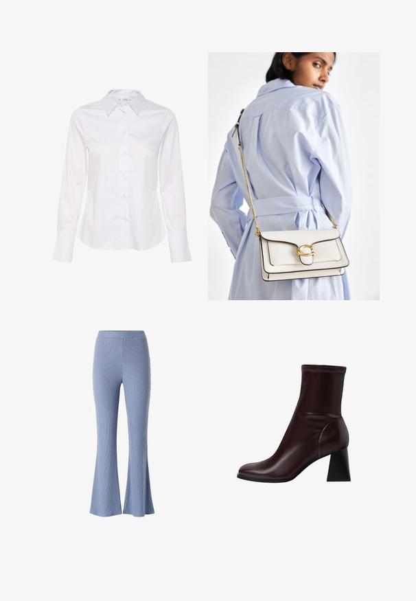 Hvid langærmet skjorte med klassisk krave, knaplukning foran og lige kant. Fremstillet af glat stof med et ensfarvet design.; Blå ribbede flared bukser med en tætsiddende talje og struktureret stof. Bukserne har en let udvidelse nederst, hvilket fremhæver deres form.; Stradivarius BLOCK - Støvletter - dark red; Hvid læder håndtaske med guldfarvede detaljer, en frontlås og sort kant, forsynet med en kædedyse, der bæres crossbody over en lyseblå skjorte.