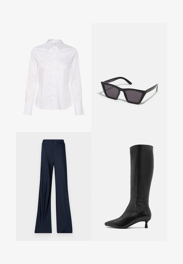 Balta ilgomis rankovėmis marškiniai su klasikinėmis apykaklėmis, mygtukų uždarymu priekyje ir tiesiu nugaros kraštu. Pagaminti iš lygaus audinio su vientisu dizainu.; Tamsiai mėlynos plačių kojų kelnės su lygiu paviršiumi, turinčios plokščią liemens juostą ir subtilų metalinį akcentą priekyje.; Zign Batai - black; Juodos, kampuotos saulės akinios su pilkais stiklais; pagaminti iš plastiko, su storomis šakėmis, turinčiomis lygų paviršių ir be matomų detalių.