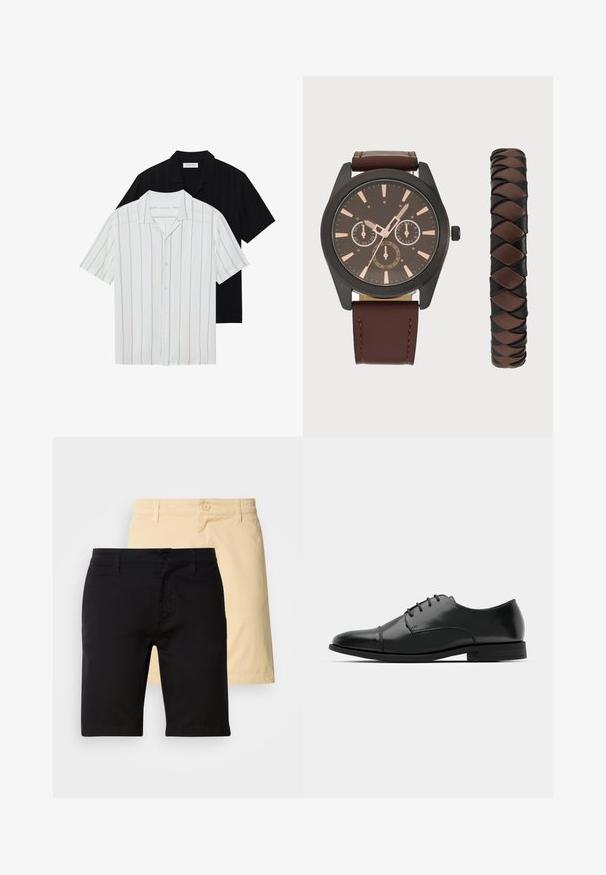 Lühikeste käistega nööbiga särgid valgel beežide triipudega ja ühetoonilise musta värviga. Mõlemal on klassikaline krae ja sile kangatekstuuri.; Mustard ja beeži lühikesed püksid, mis on valmistatud puuvillast, nupplukuga, vöökohaga ja sirge lõikega. Mustad lühikesed püksid on esiplaanil.; Must must esine tugeva varbaga, luku kinnitusega, peente õmblustete detailidega ja madala kontsaga. Sile tekstuur ja poleeritud viimistlus.; Pier One SET - Käekell - black/brown