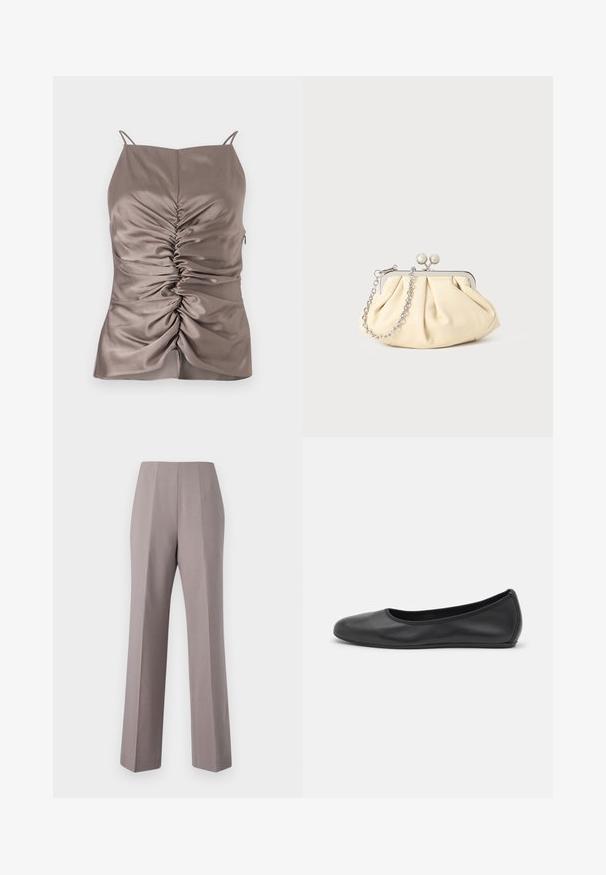 Camisola de seda em taupe com alças ajustáveis, apresentando franzido frontal e um fecho lateral, textura suave e silhueta ajustada.; Calças cinzas de corte ajustado com cintura alta, pernas largas e pregas frontais marcadas. Feitas de um tecido suave, com bordas limpas e sem materiais visíveis.; Bailarina preta em pele com bico arredondado, textura suave, detalhe de costura minimalista e design de sola flexível.; Clutch de couro bege plissado com uma estrutura de metal prateado, apresentando dois fechos decorativos redondos e uma alça de corrente prateada.