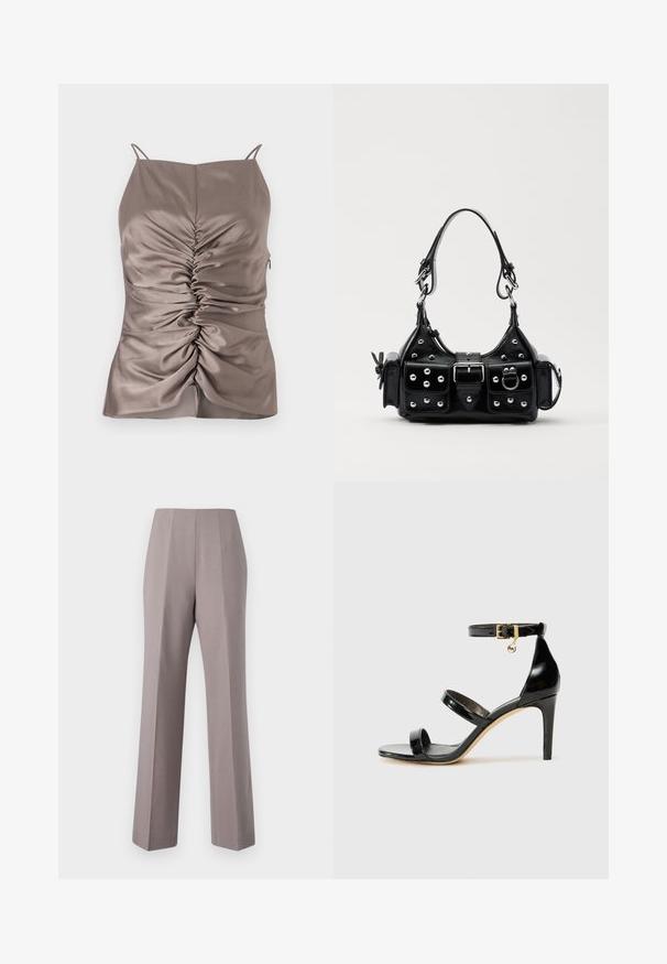 Hladký taupe top s nastaviteľnými ramienkami, ktorý má riasenie na prednej strane a bočný zips, hladkú textúru a priliehavý strih.; Sivé nohavice na mieru s vysokým pásom, širokými nohavicami a ostrými prednými skladmi. Vyrobené z hladkej tkaniny, s čistými okrajmi a bez viditeľných kovových prvkov.; Čierne lakované sandále s tromi pásikmi, spona na členku a 10 cm ihlovým podpätkom. Obsahujú zlaté detaily s hardwarem a logo prívesok.; Čierna kožená kabelka s zakriveným dizajnom, doplnená striebornými cvočkami, prackou a dvoma bočnými vreckami. Nastaviteľný popruh poskytuje rôzne možnosti nosenia.