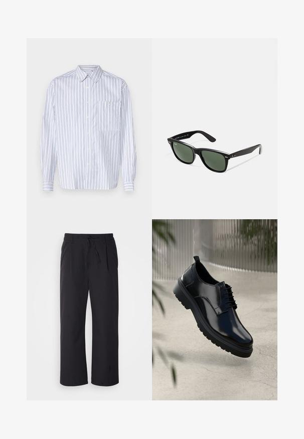 Balta krekla ar garām piedurknēm un vertikālām tumši zila svītrām, ar krūšu kabatu un klasisku apkakli. Gluda auduma, atvieglota piegrieze.; Platas kājas bikses no teksturētas melnas auduma ar regulējamu jostasvietu, kas aprīkotas ar divām priekšējām kabatām un taisnu piegriezumu.; Melna ādas kurpe ar spīdīgu apdari, apaļu purngalu, auklīšu dizainu, kontrastējošiem stikliem un biezu gumijas zoli ar reljefa rakstu.; Melnas plastmasas saulesbrilles ar zaļiem lēciem, kvadrātveida rāmjiem, sudrabainu akcentu uz uzacīm un teksturētām tempļu kājām. Zīmols norādīts uz iekšējās kājas.