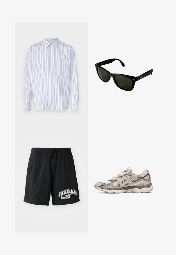 Balta marškinių su ilgomis rankovėmis, vertikaliomis tamsiai mėlynomis juostelėmis, krūtinės kišenė ir klasikiniu apykaklė. Vyriškas audinys su laisvu siluetu.; Juodos medvilninės sportinės šortai su elastingu liemeniu, su raišteliu, ir spausdintu „JORDAN 23“ logo balta spalva kairiajame apatinėje dalyje.; Šviesiai pilkos spalvos sportiniai batai su tinklo ir zomšo viršumi. Yra paminkštintas padas, ryškūs paviršiai ir struktūrizuotas dizainas.; Juodos plastikinės saulės akinius su tamsiai žaliai objektyvais. Kvadratinis rėmelis su sidabriniais akcentais ir išreljefiu logotipu šventyklos srityje.