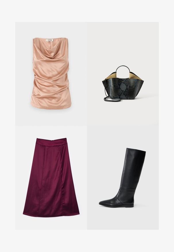 Majica brez rokavov s kapuco v mehkem, rožnato-satenskem materialu z nabranimi podrobnostmi ob straneh in ravnim robom. Ima zadrgo na hrbtni strani.; Burgundska satenska A-linijska krila z gladko teksturo, ki ima subtilen sijaj, visok pas in zadrgo na hrbtni strani.; Črne usnjene škornje do kolen z ostro špico in minimalističnim dizajnom. Gladka tekstura in ravna podplat, z diskretnimi stranskimi šivi.; Rokoko torba z vzorcem zmije v črni in sivi barvi, s strukturirano zasnovo, dvema ročajema in nastavljivim ramenskim trakom. Ima bež notranjost.
