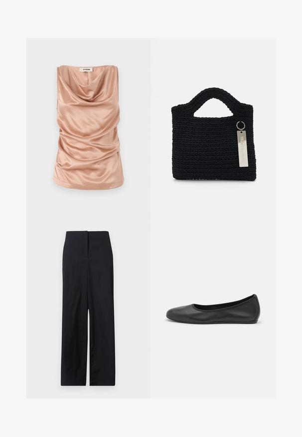 Minkštos rožinės satino medžiagos be rankovių palaidinė su gaubtu, su susirinkimais šonuose ir tiesiu apvadu. Yra užtrauktukas nugaroje.; Juodos platėjančios kelnės su aukštu liemeniu, pagamintos iš lygaus audinio, pasižyminčios nepriekaištingu kirpimu ir minimalizmu, be matomų metalinių elementų ar raštų.; Juodai odiniai baletai su apvaliu pirštu, lygi texture, minimalus siuvimo detales ir lanksčiu padų dizainu.; Won Hundred MARSIELLE COMPUTER BAG UNISEX - Nešiojamojo kompiuterio krepšys - black