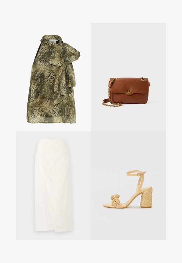 Ujj nélküli felső, zöld és bézs árnyalatú kígyóbőr mintával, nagy, megkötött masnival a nyaknál és fodros díszítéssel.; Fehér, térd fölé érő szoknya, könnyű anyagból, átkötős fazonban, puha, texturált felszínt kapott. Egyszerű, letisztult vonalak díszítések nélkül.; Bézs színű magassarkú szandál fonott textúrával, díszítő virággal és bokapánttal. A négyzet alakú sarok stabilitást biztosít.; Barna bőr keresztpántos táska hajtószorítással, arany színű fémrészekkel és lánc pánttal. Simább textúra, téglalap alakú, minimális díszítéssel.