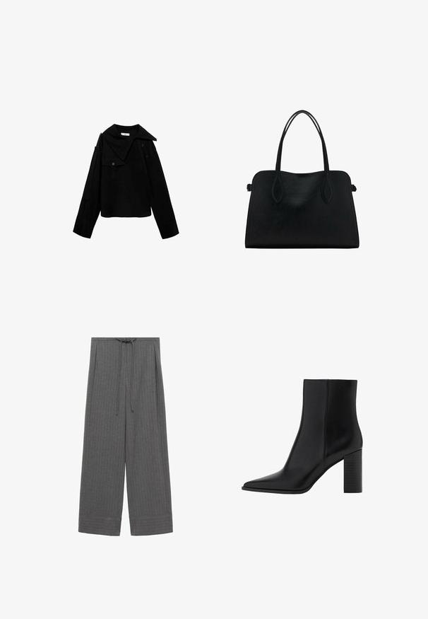Črna skrajšana jakna z velikim ovratnikom, dolgimi rokavi, sprednjim žepom in gumbi. Narejena je iz gladkega, temnega materiala.; Sive široke hlače z vertikalnimi črtami, opremljene z vrvico na pasu in z manšetami na dnu, izdelane iz mehkega, teksturiranega materiala.; Črne usnjene gležnjarje z ostrim nosom, kvadratno peto, gladko teksturo in šivi ob šivih. Pete merijo približno 3,5 palca.; Črna usnjena torbica z dvema naramnima trakoma, pravokotne oblike in minimalističnim dizajnom na beli podlagi.