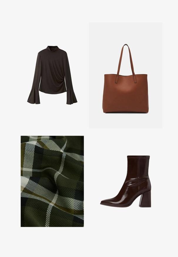 Top nero a maniche lunghe con un collo alto, dotato di maniche svasate e dettagli arricciati sui lati per un tocco di texture. Realizzato in tessuto elastico.; Tessuto a quadri intrecciato con colori verde scuro, nero e bianco. La texture è liscia con una finitura morbida e motivo.; Stivale alla caviglia in pelle verniciata marrone con punta affusolata, cavigliera elasticizzata e tacco a blocco spesso. Design elegante con superficie liscia.; Borsa tote in pelle marrone con texture liscia, design con apertura superiore e due spallacci. Presenta cuciture minime e nessun hardware visibile.