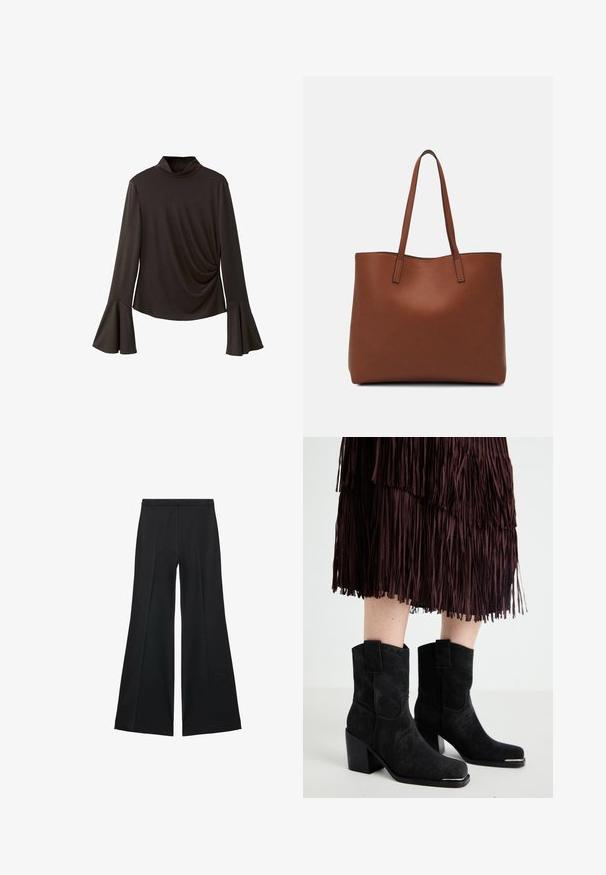 Black long-sleeve top with a high collar, featuring flared sleeves and gathered side detail for texture. Made from stretchy fabric.; Black wide-leg pants with a smooth texture, featuring front pleats and a tailored design. The fabric is lightweight and flowy.; Black suede ankle boots with a square toe, high block heel, and decorative loop accents on the shaft, paired with a fringed brown skirt.; Brown leather tote bag with a smooth texture, open top design, and two shoulder straps. Features minimal stitching and no visible hardware.