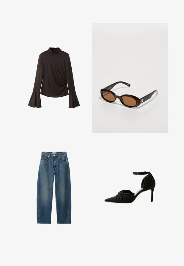 Czarny, długi top z rękawami, posiadający wysoki kołnierz, z rozkloszowanymi rękawami i marszczonymi detalami po bokach dla uzyskania faktury. Wykonany z elastycznego materiału.; Granatowe dżinsy o prostym kroju, pięć kieszeni, klasyczne zapięcie na guzik. Miękka faktura z delikatnym wyblaknięciem.; Czarne zamszowe szpilki z ostrym noskiem, węzełkiem z przodu, paskiem na kostce i cienkim obcasem typu stiletto.; Brązowe okulary przeciwsłoneczne w kształcie muszki z owalnymi soczewkami, z cienką oprawką i małym metalowym akcentem z boku. Teksturowane i wypolerowane wykończenie.; Brązowa torba tote z zamszu z dwoma długimi paskami, zamknięciem na sznurek i minimalistycznym wzornictwem. Gładka tekstura i brak widocznych akcentów metalowych.