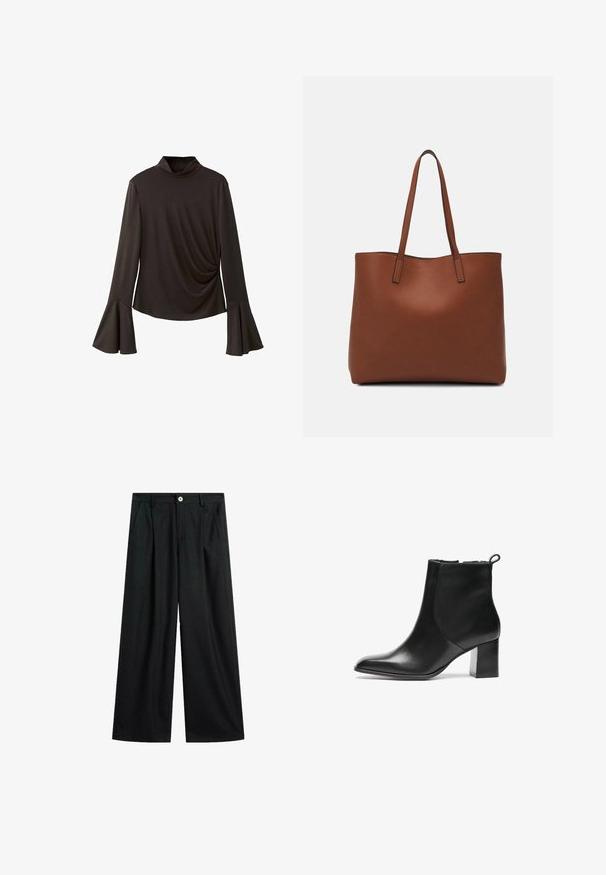 Sort langærmet top med høj krave, prydet med flagrende ærmer og sammensnøring på siden for struktur. Fremstillet af strækbart stof.; Sorte bukser med vid benvidde og diskrete striber, frontlukning med knap, bæltestropper og sidelommer, lagt fladt ud på hvid baggrund.; Sorte læder ankelstøvler med en rund tå, en mellemhøj blokhæl og en løkke bagpå. Glat tekstur, minimalistisk design.; Brun læder tote taske med en glat overflade, åben topdesign og to skulderremme. Har minimal syning og ingen synlig hardware.