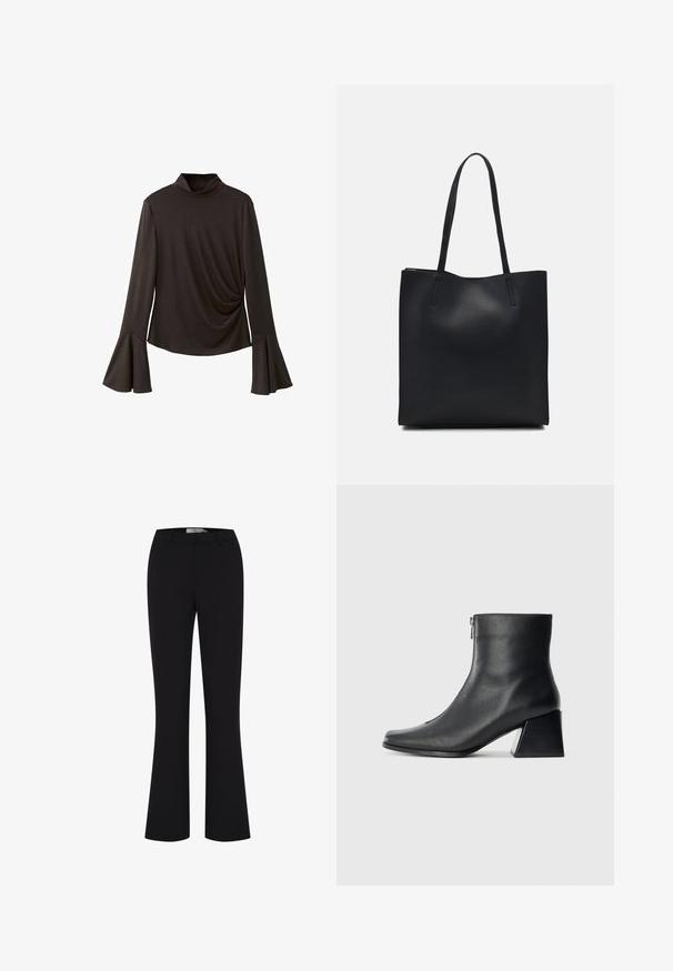 Black long-sleeve top with a high collar, featuring flared sleeves and gathered side detail for texture. Made from stretchy fabric.; Black flared trousers made from a smooth fabric, featuring a fitted waistband and a clean front design without pockets.; Black leather ankle boot with square toe, side zipper, and block heel against plain light background.; Black leather tote bag with smooth texture, rectangular shape, and two long handles. No visible hardware or embellishments.
