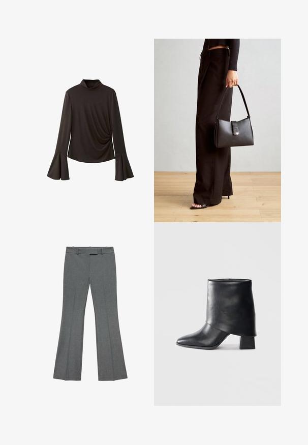 Crni dukserica s dugim rukavima i visokim ovratnikom, s ispuštenim rukavima i naboranim bočnim detaljem za teksturu. Izrađena od rastezljivog materijala.; Sive izbijene hlače izrađene od teksturirane tkanine. Imaju ravni prednji dio, petlju za remen i suptilne nabore duž nogu.; Crna kožna čizme do gležnja sa šiljastim prstom, glatke teksture i strukturiranim blok petom. Ima visoki, preklopljeni dizajn manžetne.; Crna torba s oblikom koji sadrži strukturu, glađu teksturu i metalnu kopču. Uparena s širokim crnim hlačama i sandalama na otvorenom s drvenog poda.
