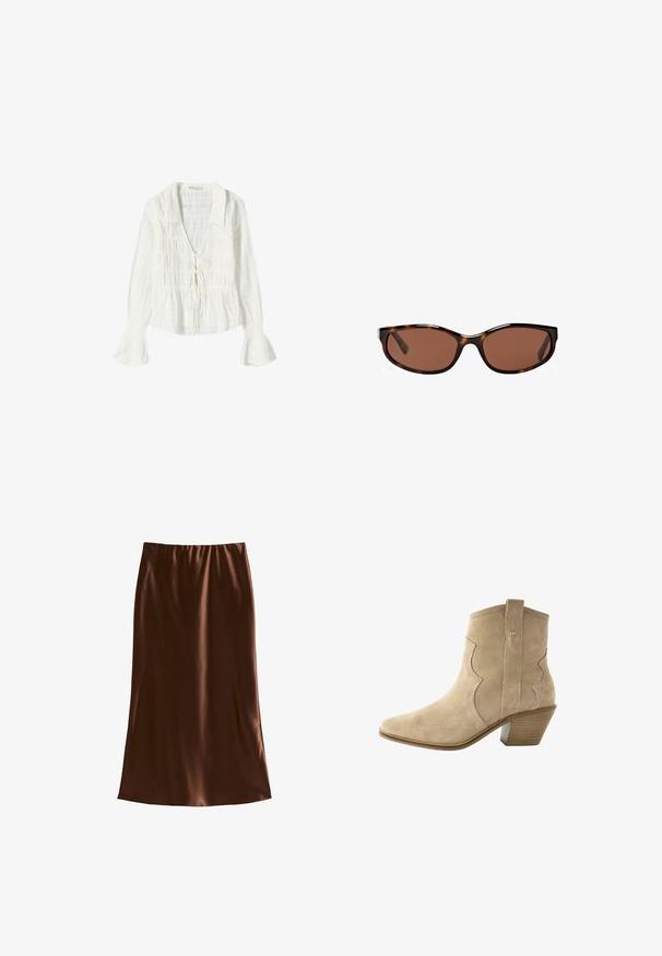 White long-sleeve blouse featuring a textured fabric, a V-neck with a tie detail, and flared cuffs for added design.; Brown satin midi skirt with an elastic waistband, smooth texture, and a straight silhouette, designed for a relaxed fit.; Beige suede ankle boot with a pointed toe and curved seams. Features a stacked heel and a pull tab at the back for easy wear.; Tortoiseshell sunglasses with brown lenses, sleek oval shape, and glossy finish. Features subtle silver accents on the frames.; Fringe crossbody bag in creamy suede with a flap closure and gold hardware, featuring a textured surface and adjustable strap.