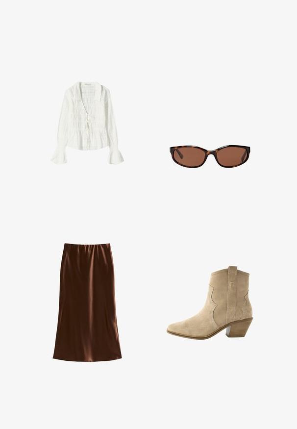 Blusa bianca a maniche lunghe con tessuto testurizzato, scollo a V con dettaglio a laccio e polsini svasati per un tocco di design in più.; Gonna midi in satin marrone con vita elasticizzata, texture liscia e silhouette dritta, progettata per un fit comodo.; Stivale ankle in suede beige con punta affilata, design scallop, maniglia per il calzo e tacco a blocco, dotato di suola testurizzata per una migliore aderenza.; Occhiali da sole tartarugati con lenti marroni, forma ovale e finitura lucida. Presentano sottili accenti argento sulla montatura.; Borsa a tracolla con frange in suede crema con chiusura a patta e hardware dorato, caratterizzata da una superficie testurizzata e tracolla regolabile.