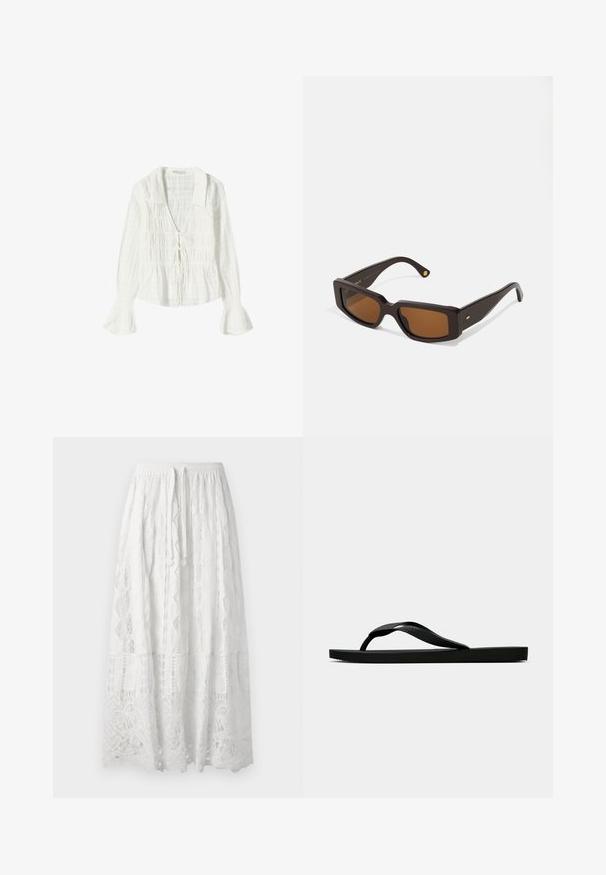 Bluză albă cu mânecă lungă, realizată dintr-un material texturat, cu decolteu în V și detalii cu fundă, precum și manșete evazate pentru un plus de design.; Fustă midi din dantelă albă, cu o talie elastică, având modele geometrice intricate și un design stratificat. Textură ușoară și aerisită.; Sandala flip-flop din cauciuc negru, cu un bretele texturat și o talpă simplă și plată, prezentată din lateral pe un fundal simplu și deschis.; Ochelari de soare dreptunghiulari, de culoare maro, cu un cadru din plastic de culoare maro închis. Au lentile tintate maro și un accent auriu pe tâmplă.