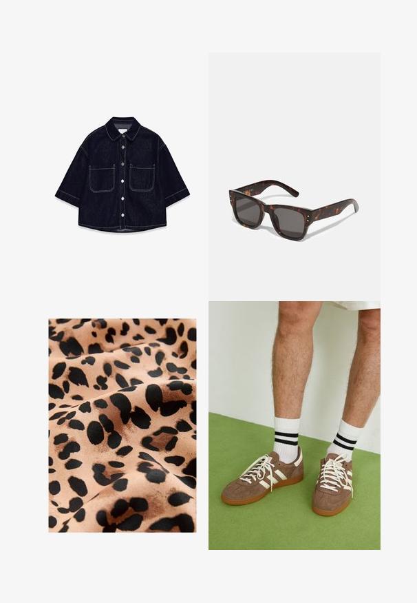 Chemise en denim foncé à manches courtes, avec deux poches plaquées à l'avant, des coutures blanches et un col arrondi.; Tissu imprimé léopard avec de grandes taches noires sur un fond beige, présentant une texture satinée lisse et une apparence fluide.; Baskets en daim marron avec des accents et des lacets blancs. Semelle en caoutchouc gomme. Portées avec des chaussettes blanches à rayures noires. Sol texturé vert.; Lunettes de soleil en écaille de tortue avec lentilles foncées, monture carrée et studs argentés en accent à l'avant. Fabriquées en plastique, légères et durables.; Sac à main en cuir tissé marron avec une forme triangulaire et souple. Il possède une poignée tressée et une fermeture éclair sur le dessus.