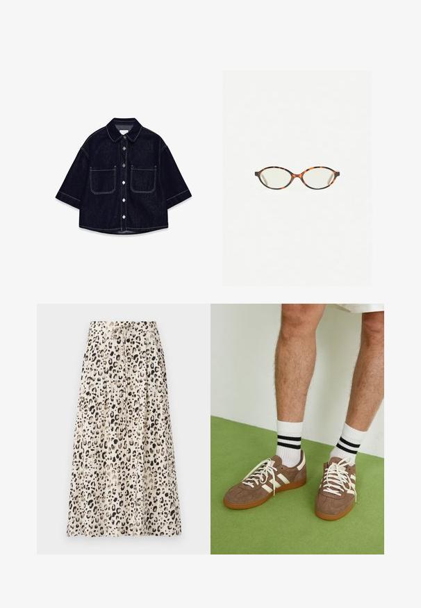 Tummansinisestä farkkukankaasta valmistettu lyhythihainen kauluspaita, jossa on kaksi etutaskua, valkoiset tikkaukset ja pyöreä kaulus.; Pleated midi-hame kevytkangasta, jossa on vaalean beige pohja mustalla leopardikuviolla ja naru vyötäröllä säädettävää istuvuutta varten.; Ruske nahkate sneakerit valkoisilla korostuksilla ja nauhoilla. Kumi-gumipohja. Yhdistetty valkoisiin sukkiin, joissa on mustia raitoja. Vihreä teksturoitu lattia.; Kilpikonnakuosiset silmälasit, joissa on soikeat linssit ja tyylikäs, sileä pinta. Ominaisuudet: ohuet sivut, joissa on hienovarainen kaari temppeleissä. Kirkkaat linssit.; Ruskean kudottu nahkainen käsilaukku, jolla on löysä, kolmiomainen muoto. Varustettu punotulla kahvalla ja vetoketjukiinnityksellä ylhäällä.