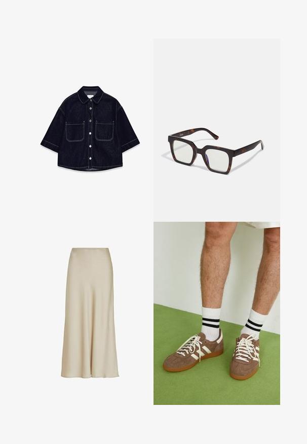 Ciemnoniebieska koszula zapinana na guziki z krótkimi rękawami, dwoma przednimi kieszeniami naszytymi, białymi szwami i zaokrąglonym kołnierzykiem.; Beżowa, satynowa spódnica maxi o gładkiej teksturze, w sylwetce A, z talią, która delikatnie opada do hemu, tworząc subtelny spadek.; Brązowe zamszowe sneakersy z białymi akcentami i sznurówkami. Gumowa, brązowa podeszwa. Noszone z białymi skarpetkami w czarne paski. Zielona teksturowana podłoga.; Kwadratowe okulary przeciwsłoneczne z oprawką z acetatu w wzór żółwia i przezroczystymi soczewkami. Posiadają szerokie zauszniki i matowe wykończenie, co zwiększa ich ogólną trwałość.; Brązowa torebka z zamszu z długimi frędzlami, o zakrzywionym kształcie i pojedynczym paskiem na ramię. Posiada gładką, teksturowaną powierzchnię.