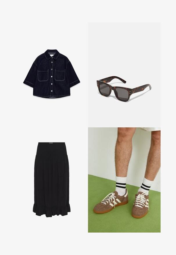 Chemise en denim foncé à manches courtes, avec deux poches plaquées à l'avant, des coutures blanches et un col arrondi.; Jupe midi noire avec une taille smockée, fabriquée en tissu léger, dotée de plis et d'un ourlet volanté pour plus de détails.; Baskets en daim marron avec des accents et des lacets blancs. Semelle en caoutchouc gomme. Portées avec des chaussettes blanches à rayures noires. Sol texturé vert.; Lunettes de soleil en écaille de tortue avec lentilles foncées, monture carrée et studs argentés en accent à l'avant. Fabriquées en plastique, légères et durables.; Sac à main en cuir tissé marron avec une forme triangulaire et souple. Il possède une poignée tressée et une fermeture éclair sur le dessus.