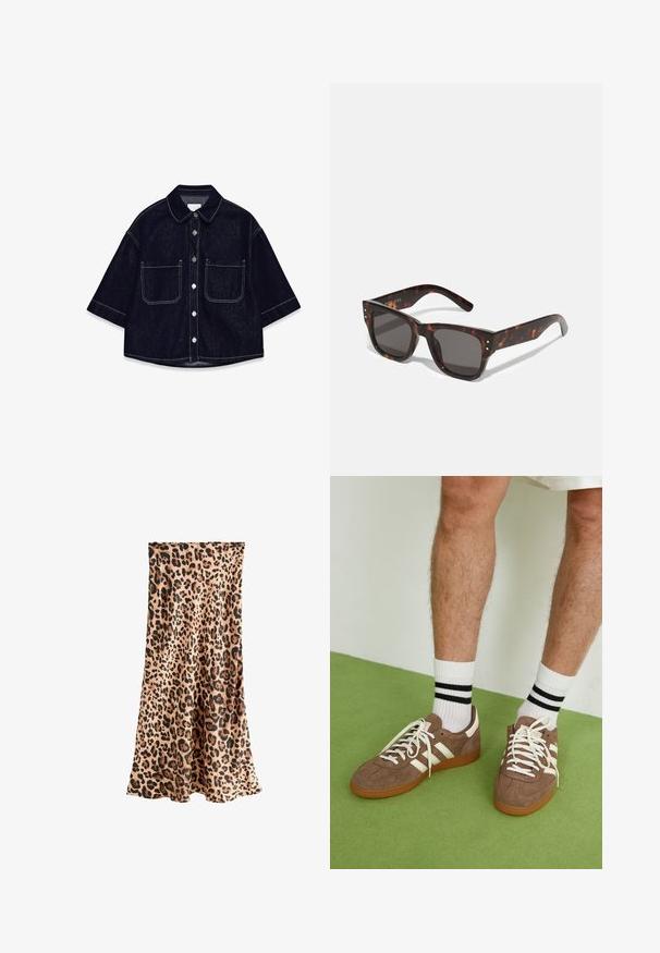 Camicia in denim scuro con maniche corte, due tasche a toppa frontali, cuciture bianche e colletto arrotondato.; Next PETITE FIT - Gonna lunga - leopard; Sneaker in suede marrone con dettagli e lacci bianchi. Suola in gomma color gomma. Indossati con calzini bianchi con righe nere. Pavimento verde texturizzato.; Occhiali da sole tartaruga con lenti scure, montatura quadrata e borchie argentate nell'anteriore. Realizzati in plastica, leggeri e resistenti.; Borsa a tracolla in pelle intrecciata marrone con una forma triangolare morbida. Presenta una maniglia intrecciata e una chiusura con zip lungo la parte superiore.