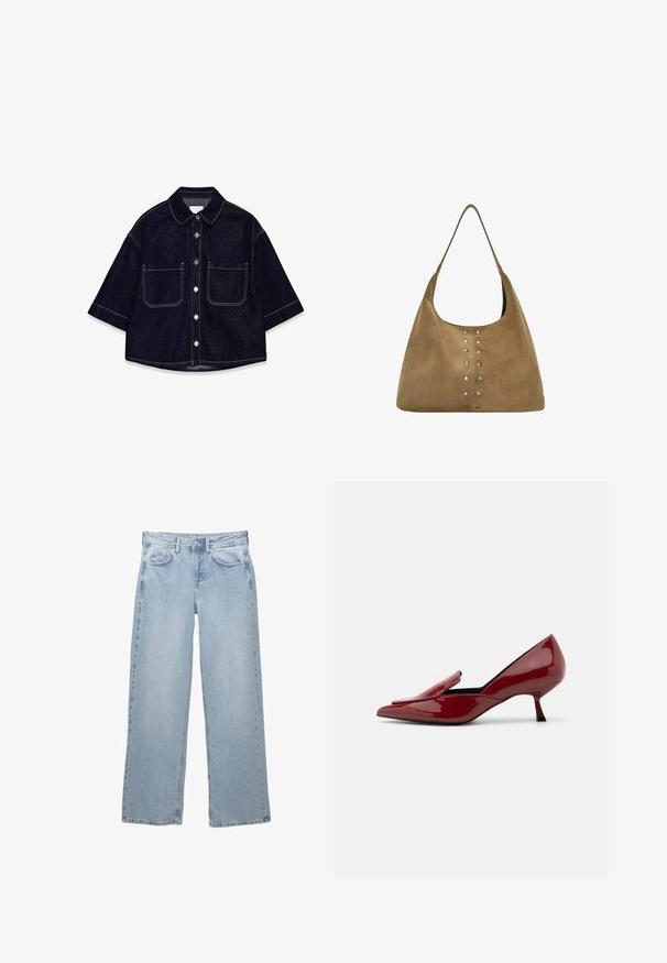 Chemise en denim foncé à manches courtes, avec deux poches plaquées à l'avant, des coutures blanches et un col arrondi.; Jean en denim bleu clair avec une coupe large, présentant une fermeture à bouton et à glissière, cinq poches et des détails de couture minimalistes.; Talons escarpins en cuir verni rouge avec un bout pointu, un design sans lacets, et un petit talon aiguille. Texture lisse avec une silhouette élégante.; Sac en daim beige au style décontracté, orné de clous métalliques sur le devant pour une touche de détail et doté d'une large bandoulière.
