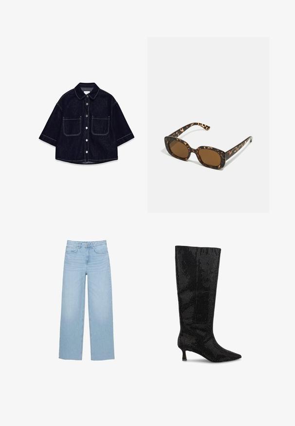 Chemise en denim foncé à manches courtes, avec deux poches plaquées à l'avant, des coutures blanches et un col arrondi.; Jean large bleu clair en denim, avec une taille haute, coupe droite et un design à cinq poches avec un ourlet net.; Bottes noires montantes avec un design en maille tissée, bout pointu et petit talon carré. Présente une surface texturée et un matériau léger.; Lunettes de soleil en écaille de tortue avec une monture ronde et épaisse et des verres marron. Présente des motifs subtils et des branches droites et effilées.; Zign LEATHER - Cabas - light brown