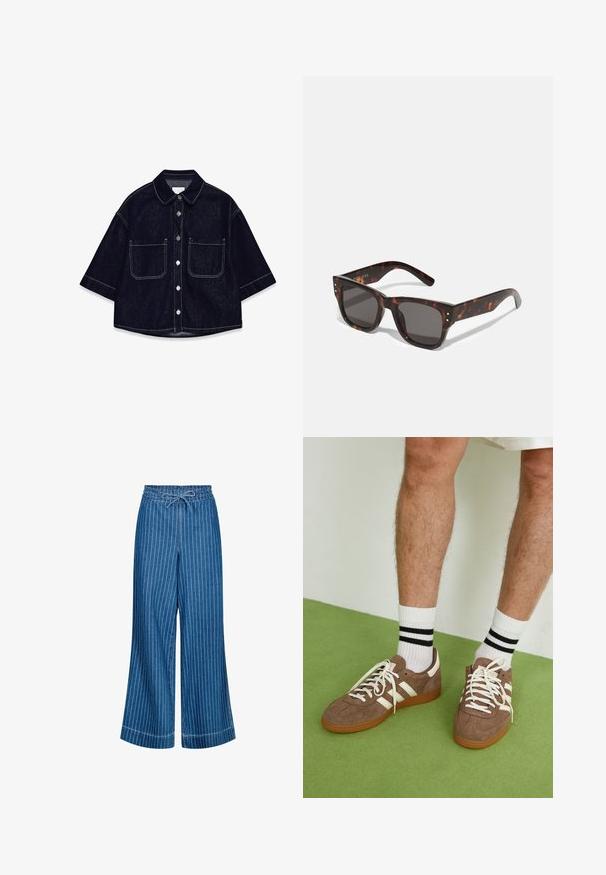 Temno modra srajca s kratkimi rokavi, z gumbi, dvema sprednjima žeparjema, belim šivom in zaobljenim ovratnikom.; Modre traper hlače širokega kroja z belimi vertikalnimi črtami. Imajo pas z vrvico in gladko teksturo. Vidne so dekorativne šive.; Rjavi semiš športni čevlji z belimi detajli in vezalkami. Gumijast podplat. Nošeni z belimi nogavicami z črnimi črtami. Zelena teksturirana talna obloga.; Školjkaste sončne očala z temnimi lečami, kvadratnim okvirjem in srebrnimi okrasnimi žebljički spredaj. Izdelana iz plastike, lahka in trpežna.; Rjava tkana usnjena torbica s sproščenim, trikotnim oblikovanjem. Ima pleten ročaj in zadrgo na vrhu.