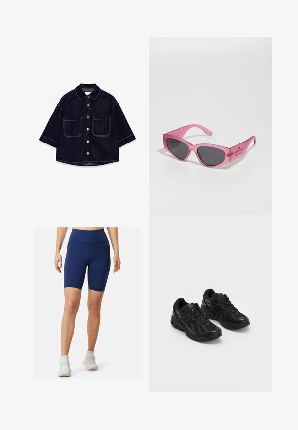 Camicia in denim scuro con maniche corte, due tasche a toppa frontali, cuciture bianche e colletto arrotondato.; Shorts da ciclismo a vita alta di colore blu navy, realizzati in un tessuto elasticizzato, con una texture liscia e dettagli di cucitura minimi.; Scarpe sportive nere realizzate in rete e materiali sintetici. Presentano una suola ammortizzata, motivi testurizzati e un marchio impresso sul lato.; Occhiali da sole rosa trasparenti con forma angolare a occhio di gatto, lenti scure, e testo embossato sulla tempia che recita "GLI OCCHIALI DA SOLE."; Borsa hobo in pelle bordeaux con silhouette curvata, chiusura con zip e tracolla con dettagli in metallo di colore argento.