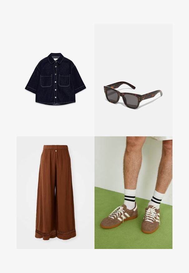 Donkerdenim overhemd met korte mouwen, twee voorzakken met flappen, witte stiksels en een afgeronde kraag.; Wijdvallende bruine broeken gemaakt van textured stof, met een geplooide tailleband en kantdetails aan de zoom.; Bruine suède sneakers met witte accenten en veters. Rubberen gumzool. Draag met witte sokken met zwarte strepen. Groene gestructureerde vloer.; Tortoise shell zonnebril met donkere lenzen, vierkant montuur en zilveren accentstuds aan de voorkant. Gemaakt van kunststof, lichtgewicht en duurzaam.; Bruine geweven leren handtas met een slonzig, driehoekig model. Voorzien van een gevlochten handvat en een ritssluiting aan de bovenkant.