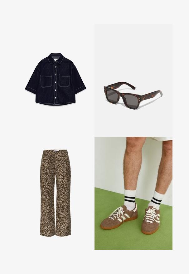 Chemise en denim foncé à manches courtes, avec deux poches plaquées à l'avant, des coutures blanches et un col arrondi.; Pantalons à larges jambes en imprimé léopard dans une palette de couleurs beige et noire, présentant une taille classique et une coupe décontractée et ample.; Baskets en daim marron avec des accents et des lacets blancs. Semelle en caoutchouc gomme. Portées avec des chaussettes blanches à rayures noires. Sol texturé vert.; Lunettes de soleil en écaille de tortue avec lentilles foncées, monture carrée et studs argentés en accent à l'avant. Fabriquées en plastique, légères et durables.; Sac à main en cuir tissé marron avec une forme triangulaire et souple. Il possède une poignée tressée et une fermeture éclair sur le dessus.
