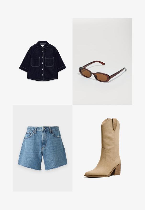 Donkerdenim overhemd met korte mouwen, twee voorzakken met flappen, witte stiksels en een afgeronde kraag.; Abercrombie & Fitch CURVE LOVE SHORT - Jeansshort - light blue denim; Bershka HIGH-HEEL - Cowboy-/Bikerlaarzen - beige; Ronde, bruin getinte zonnebril met een glanzend bordeauxrood frame. Slanke pootjes met subtiele merkdetails. Vlakke lensontwerp.; Bruine geweven leren handtas met een slonzig, driehoekig model. Voorzien van een gevlochten handvat en een ritssluiting aan de bovenkant.