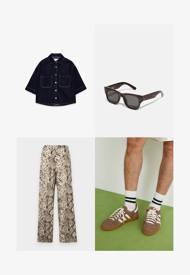 Mörk denimskjorta med korta ärmar, två framfickor, vit sömnad och en rundad krage.; Vida byxor med en beige och svart ormskinnsmönster. Materialet är slätt med en lätt textur. Elastisk midja.; Bruna mockaskor med vita detaljer och snören. Gummisula i beige. Bärs med vita strumpor med svarta ränder. Grön strukturerad golvyta.; Solfjädrade solglasögon i sköldpaddsdesign med mörka linser, fyrkantig ram och silverdetaljer på framsidan. Tillverkade i plast, lätta och hållbara.; Brun vävd läderhandväska med en slapp, triangulär form. Har ett flätat handtag och en dragkedjestängning längs toppen.